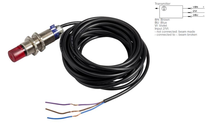 Fotocell, Schneider/Telemec M18 sändare, 90° strål, 12/24VDC, kabel 2m