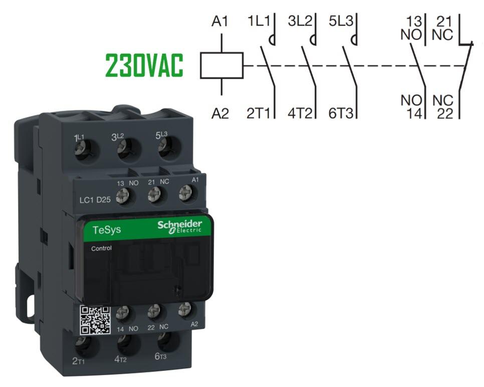 Kontaktor, Schneider, LC1D25P7, 230VAC, 25A, 11kW, 3NO+1NO/1NC