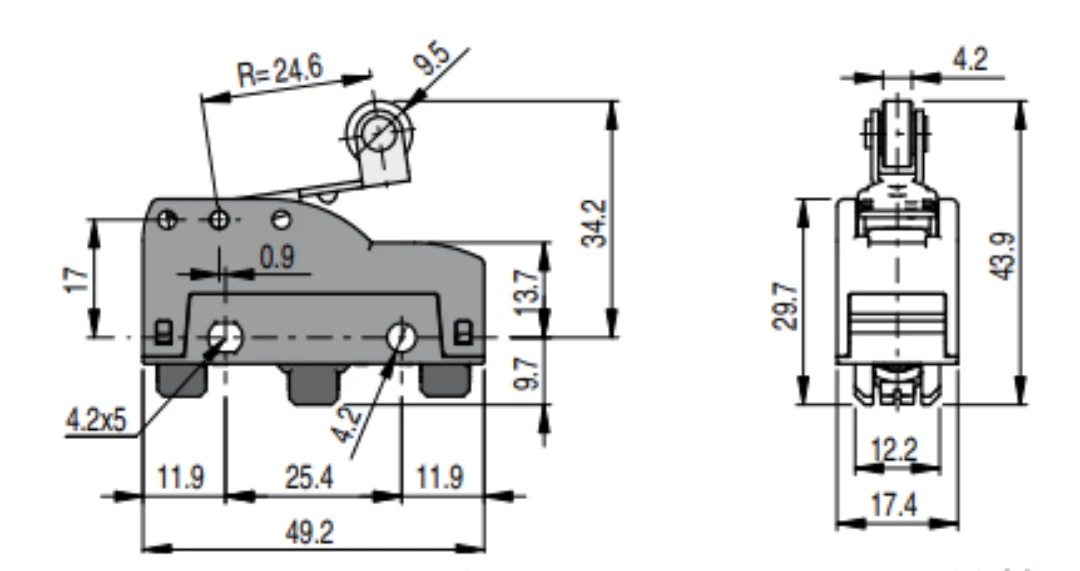 Mikrobrytare, Pizzato MKV12D45, arm 25mm med rulle D=10mm