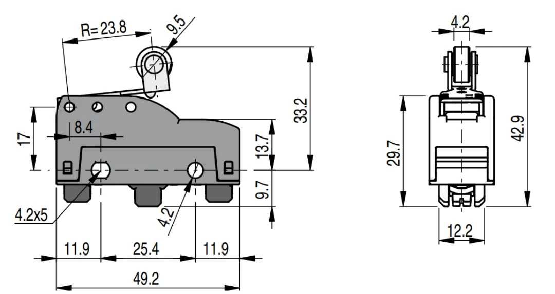 Mikrobrytare, Pizzato MKV11F59, arm 24mm med rulle D=10mm
