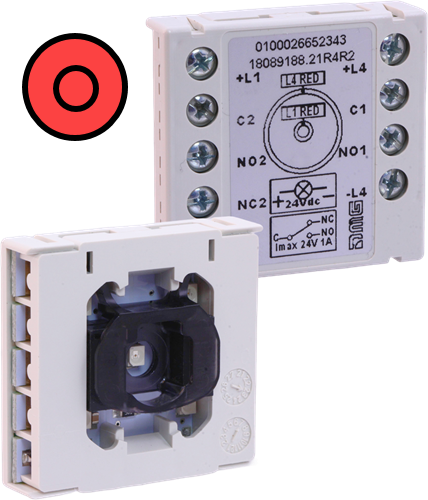 Contact block, DMG Duallight 24V/1A, 1CO/1NO, red/red LED | Hissmekano